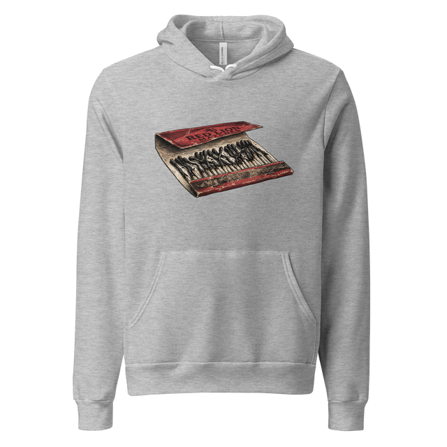 Detailed cross-hatch ink illustration of an open paper matchbook with charred paper matches printed on a Pullover Hoodie.