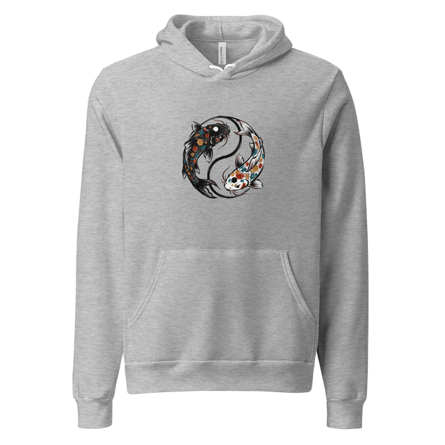 Calligraphic dual koi fish design featured on a Pullover Hoodie.