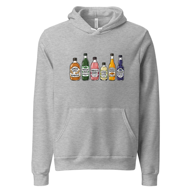 Graphic of multiple colorful kombucha bottles in brush pen style on a Pullover Hoodie.