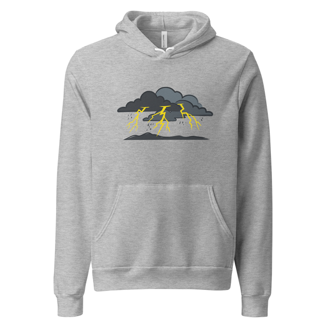 Electric Silence graphic on a Pullover Hoodie featuring grey cloud silhouettes and a yellow lightning strike