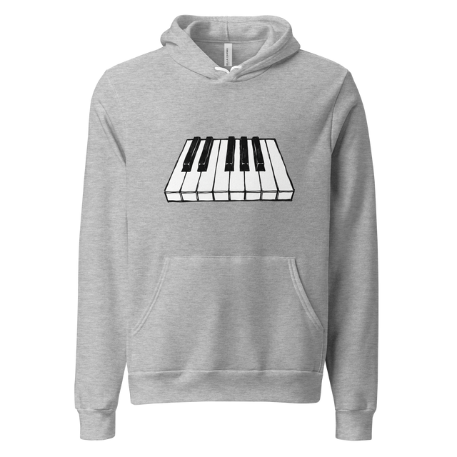 A high-contrast marker illustration of multiple black and white piano keys floating on a grey pullover hoodie.