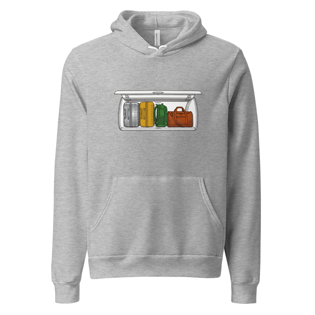 Professional digital illustration of luggage in an overhead bin in cross-hatch ink printed on a Pullover Hoodie