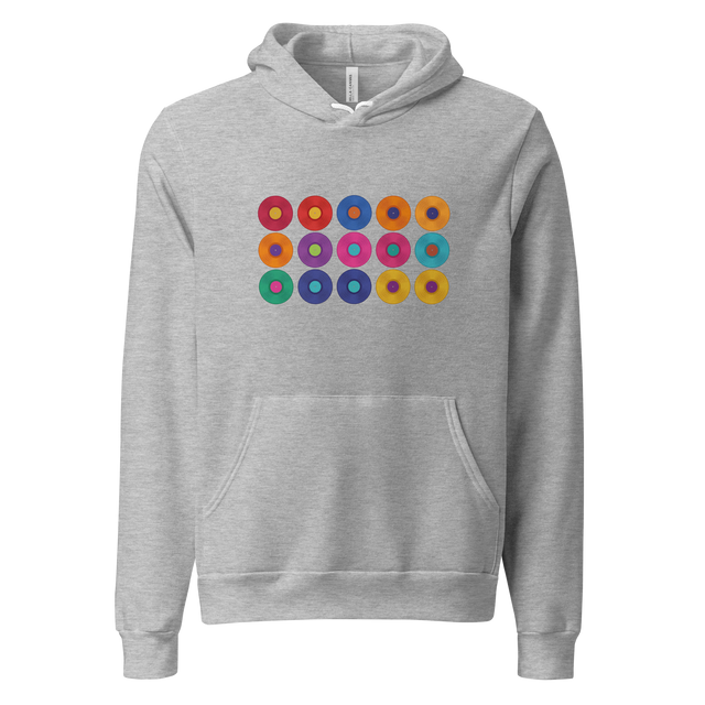 Fifteen colorful vinyl records with contrasting center labels in a 5x3 grid painted with brush strokes on a Pullover Hoodie.
