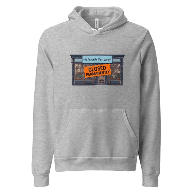 Pullover Hoodie displaying a bold, high-contrast illustration of a shuttered eatery marked by a bright orange typographic sign.