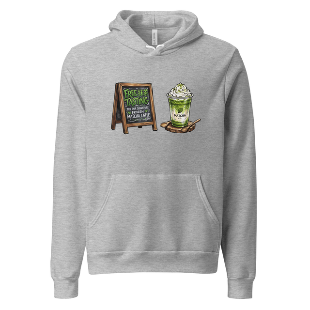 An illustration of a cafe sign and frozen green tea drink on a Pullover Hoodie.