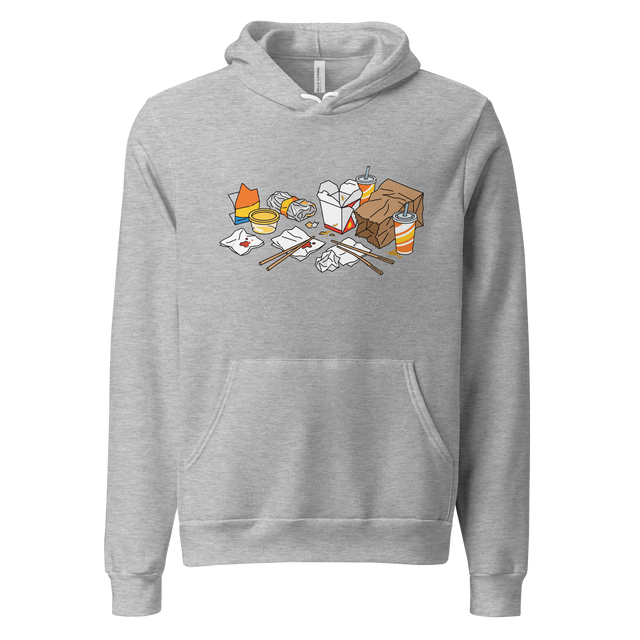 Pullover Hoodie displaying a bold, colorful line drawing of resting chopsticks, crumpled bags, and discarded takeout boxes.