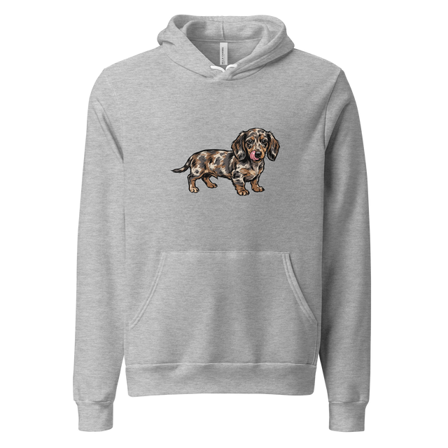 Pullover Hoodie featuring a brush pen illustration of a dapple Dachshund puppy with its tongue out.