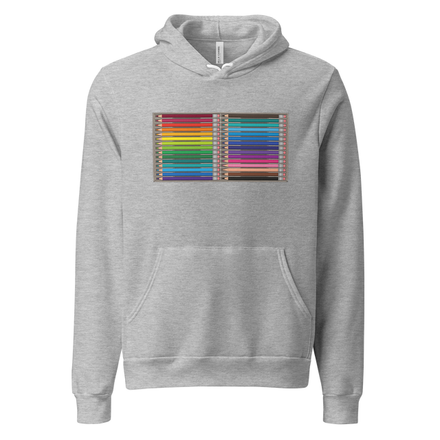 Pullover Hoodie with a top-down illustration of 24 sharp, unused colored pencils resting horizontally inside an open box.