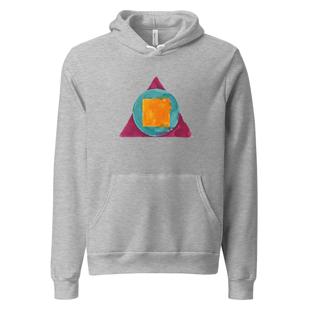 Overlapping geometric shapes painted in bold, textured brushstrokes on a Pullover Hoodie.