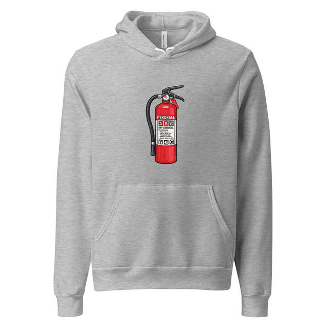 A bright red fire extinguisher drawn with bold black marker lines, printed on a pullover hoodie.