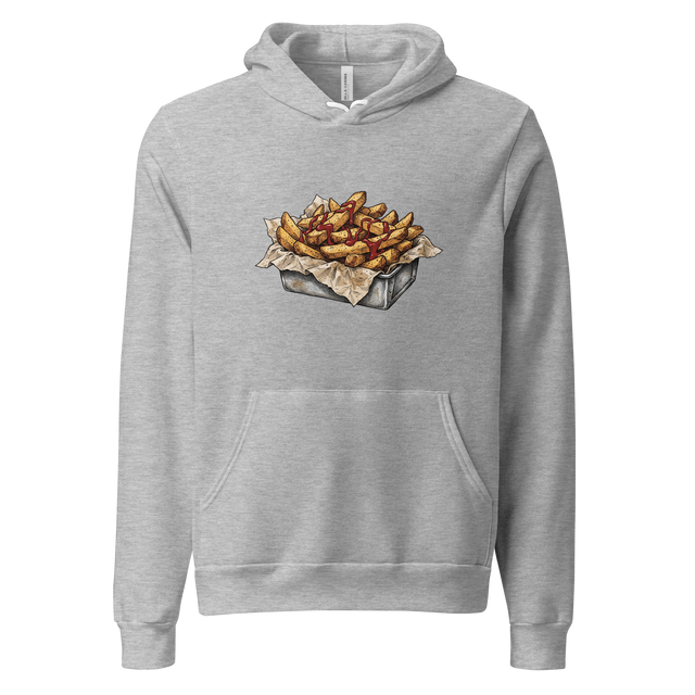Pullover Hoodie featuring a cross-hatch ink illustration of thick steak fries with ketchup in a metal tin.