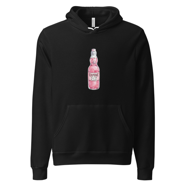 Minimalist line art of a Japanese Ramune soda bottle with lychee fruit on a Pullover Hoodie.