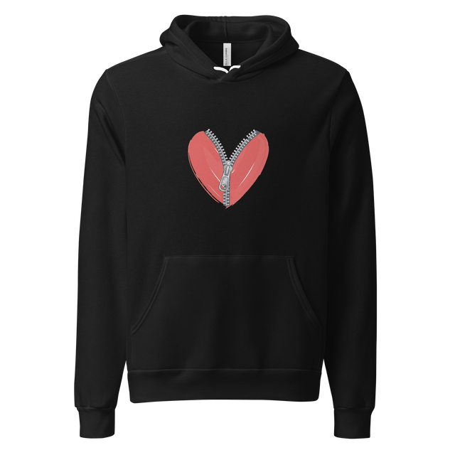 Graphic of a red heart with a large zipper detail, minimalist pullover hoodie.