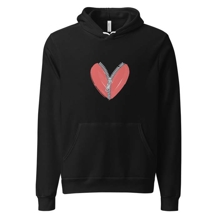 Graphic of a red heart with a large zipper detail, minimalist pullover hoodie.
