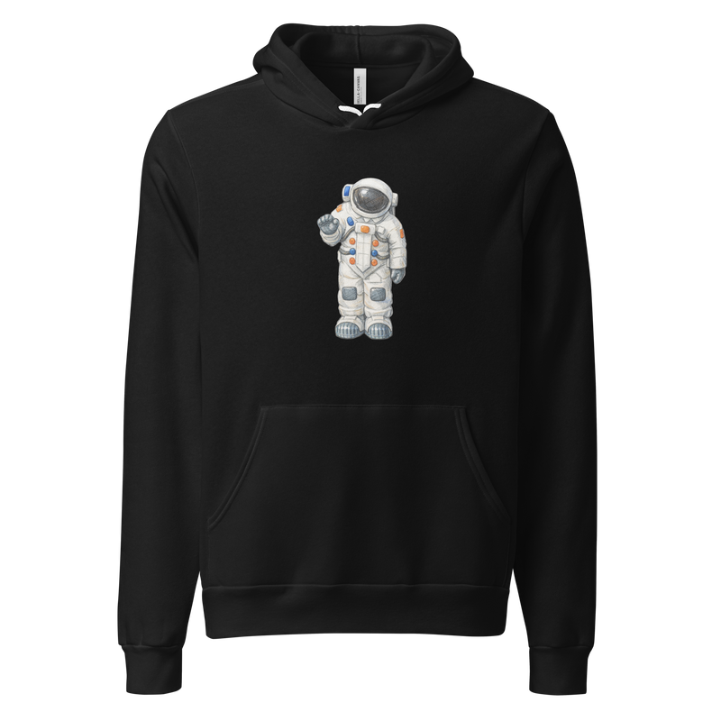 Detailed hand-drawn astronaut suit illustration on a black Pullover Hoodie.