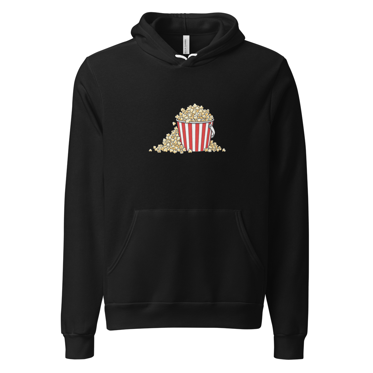 Minimalist illustration of an overflowing movie popcorn bucket on a Pullover Hoodie.