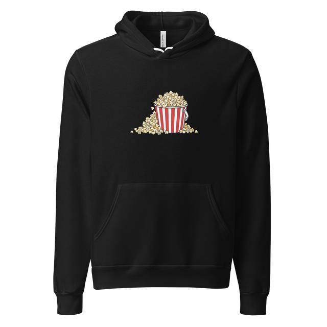 Minimalist illustration of an overflowing movie popcorn bucket on a Pullover Hoodie.