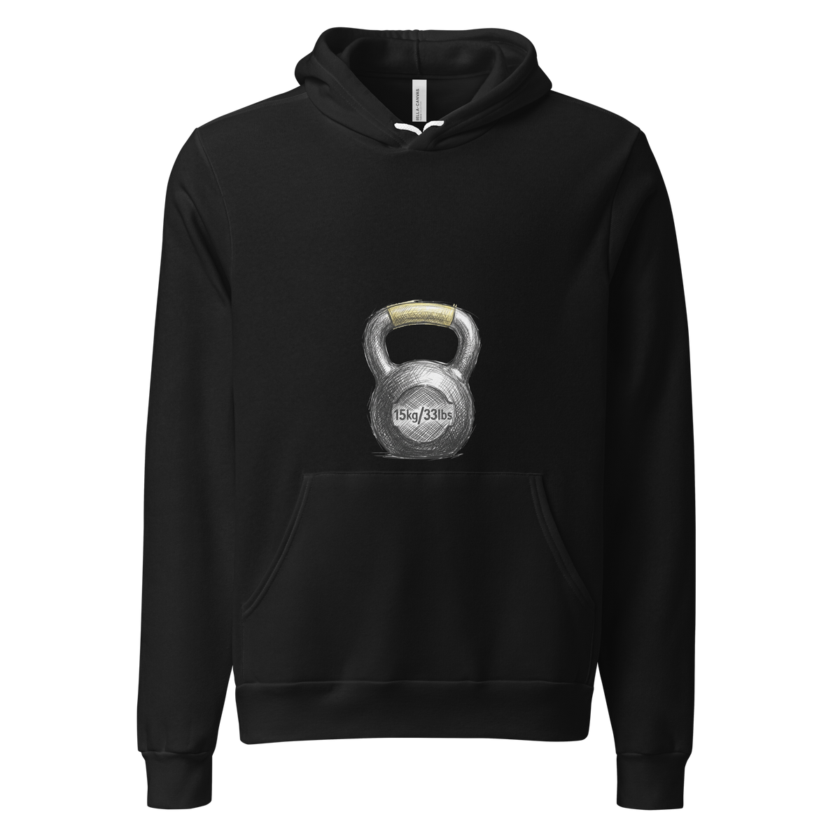 Raw pencil sketch of a kettlebell with yellow accents on a premium Pullover Hoodie.