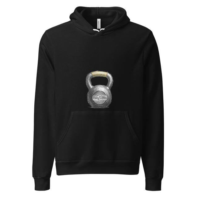 Raw pencil sketch of a kettlebell with yellow accents on a premium Pullover Hoodie.