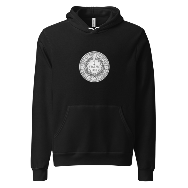 Detailed cross-hatch ink illustration of a vintage French Franc coin reverse side on a Pullover Hoodie.