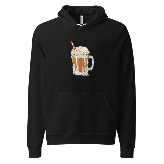 Modern marker illustration of a messy root beer float overflowing from a beer mug on a Pullover Hoodie.