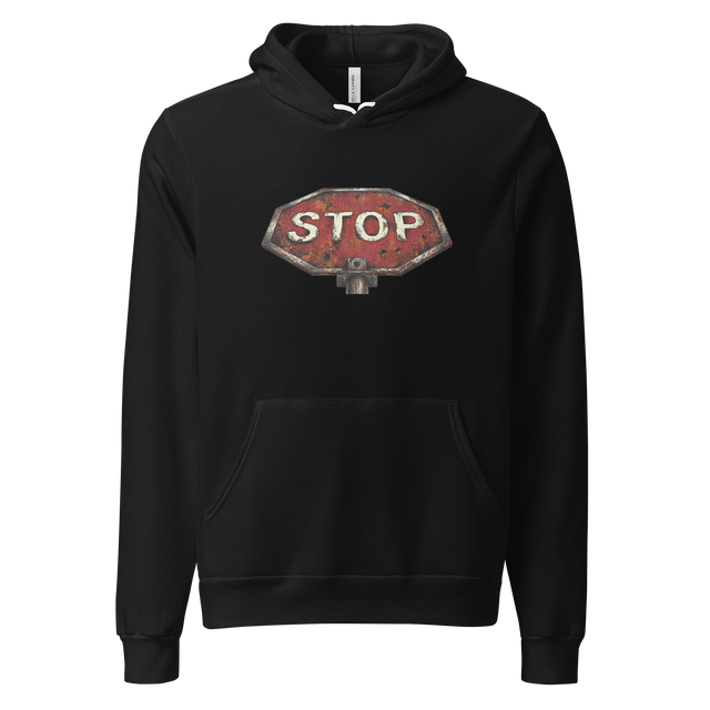 Gritty cross-hatch illustration of a rusted octagonal stop sign, Pullover Hoodie.