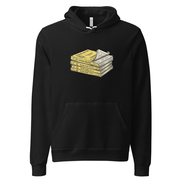 Textured cross-hatch graphic of yellow pages stack on a Pullover Hoodie.