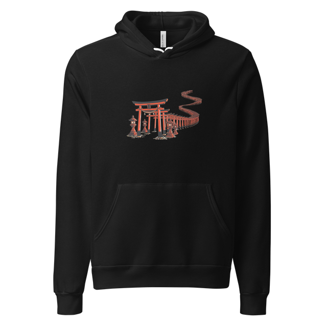 A professional digital illustration of red and orange torii gates in clean paint brush style on a Pullover Hoodie.