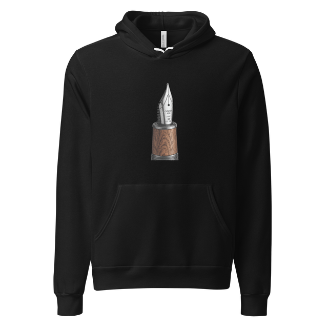 Detailed stippling illustration of a fountain pen nib and wooden barrel on a Pullover Hoodie.