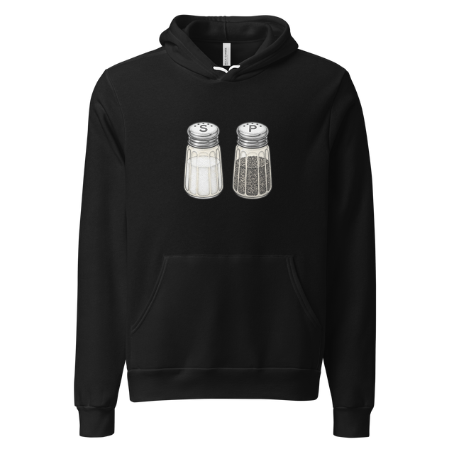 Stippled illustration of colorful diner salt and pepper shakers printed on the front of a minimalist Pullover Hoodie