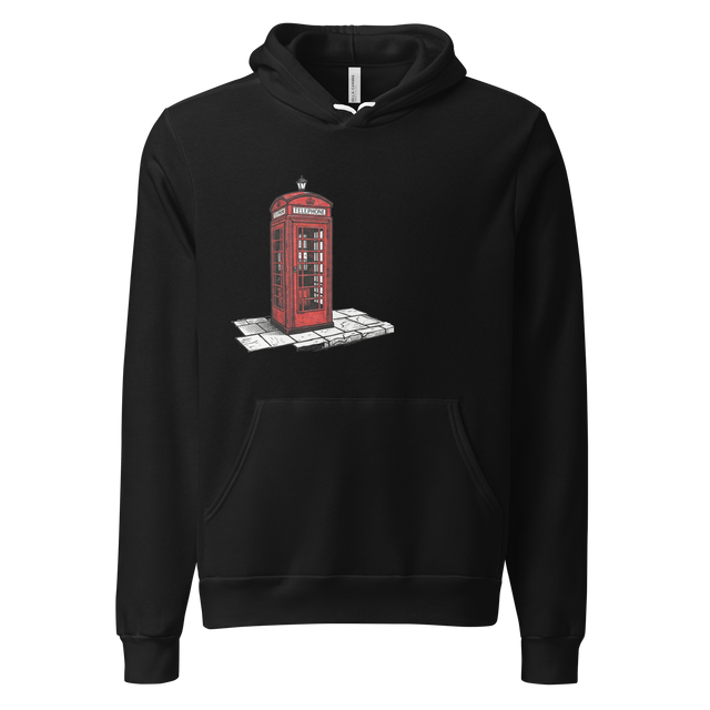 Old British telephone booth linocut graphic on a minimal sidewalk Pullover Hoodie