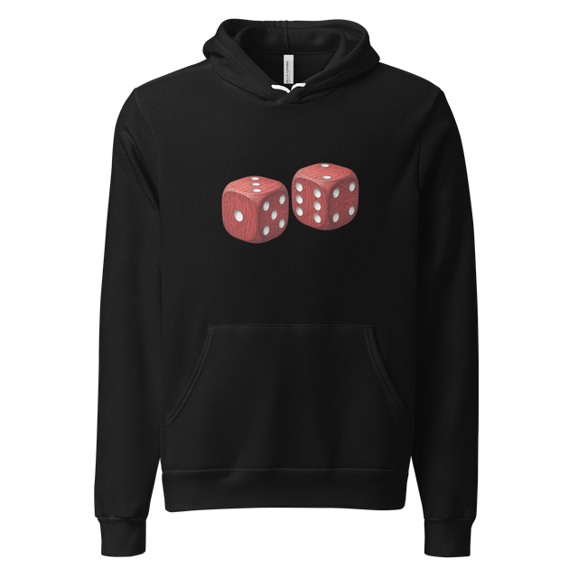 Red Dice pullover hoodie featuring a high-contrast stippled illustration of two wooden dice.