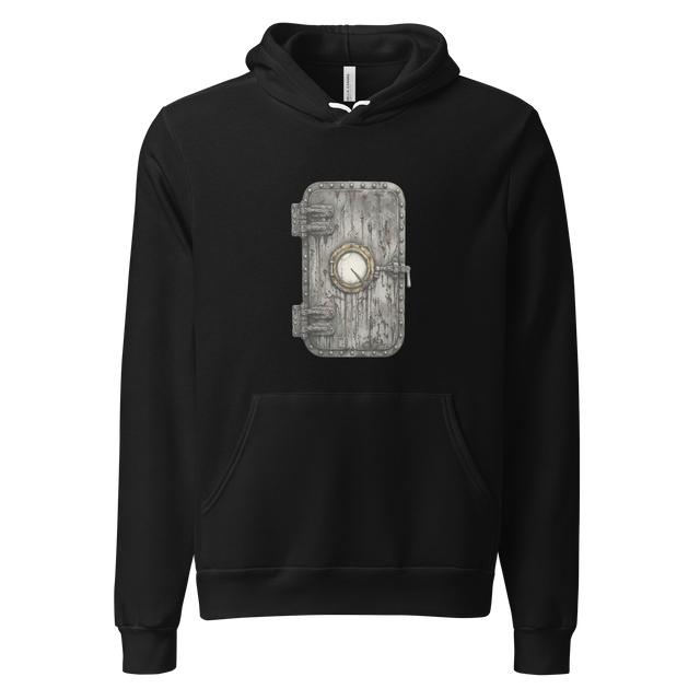 Detailed stippling illustration of a rusted ship port door with a round window on a Unisex Pullover Hoodie.