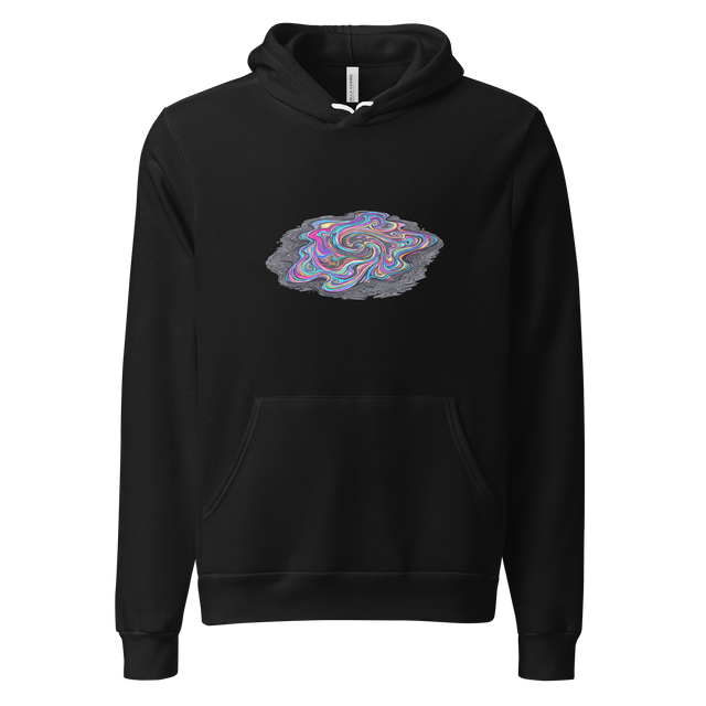 A Pullover Hoodie featuring a graphic of a swirling, iridescent oil slick on dark asphalt painted with clean lines.