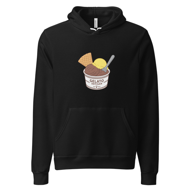 A cup of chocolate and lemon gelato with a waffle cookie and spoon rendered in clean paint brush lines on a Pullover Hoodie.