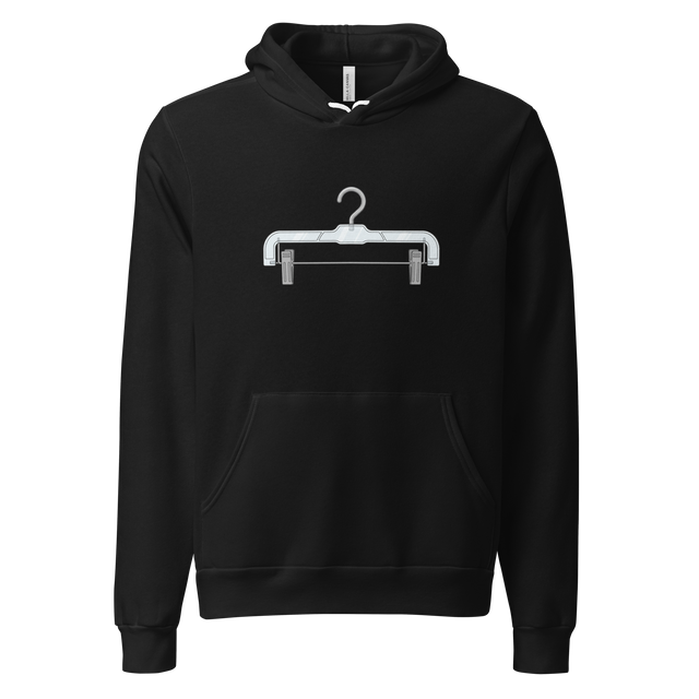 A minimalist simple line drawing of a plastic pants hanger with metal clips on a Pullover Hoodie.