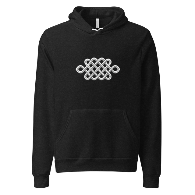 Graphite pencil drawing of an eternal knot on a minimalist pullover hoodie.