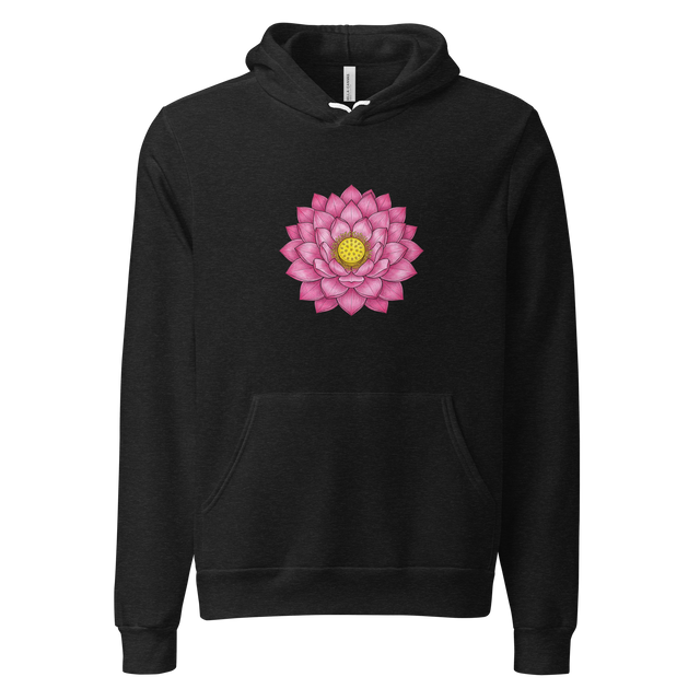 Pullover Hoodie featuring a top-down view of a pink lotus flower with a yellow center, drawn in a cross-hatch colored pencil style.