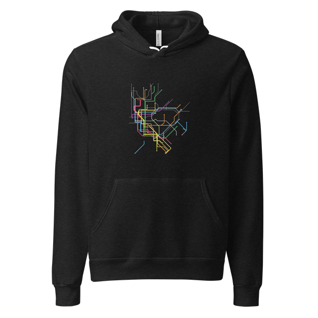Pullover Hoodie featuring a bold neon marker illustration of the late-night NYC subway map spanning all boroughs with circular stops.