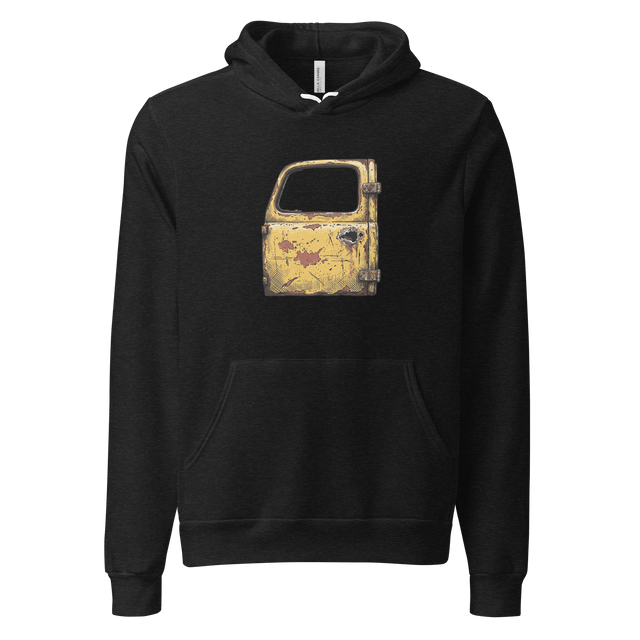 Cross-hatch illustration of an old yellow truck door with rust and a missing handle on a unisex pullover hoodie.