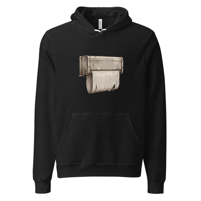 Cross-hatch ink illustration of a rusted vintage continuous cloth towel dispenser with a frayed fabric loop on a Pullover Hoodie.