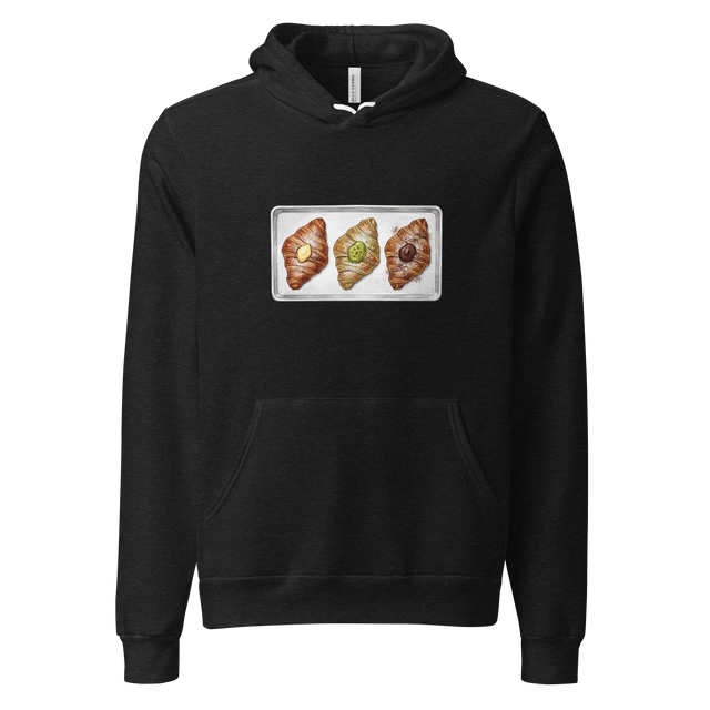 Hand-drawn color pencil illustration of three filled croissants with varied fillings on a metal tray printed on a Pullover Hoodie.