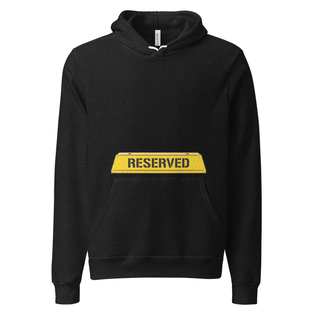 A graphic yellow concrete parking block with black "RESERVED" stencil text printed on a Pullover Hoodie.