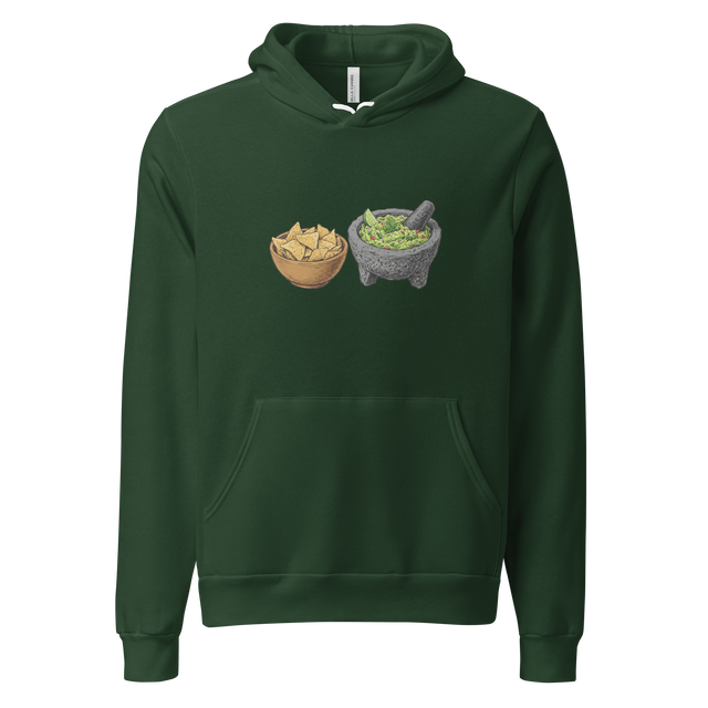 Unisex Pullover Hoodie showing a colored pencil graphic of fresh guacamole in a mortar and a side bowl of chips.