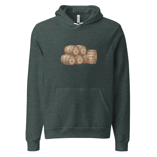 Minimalist illustration of stacked bourbon barrels on a Pullover Hoodie.