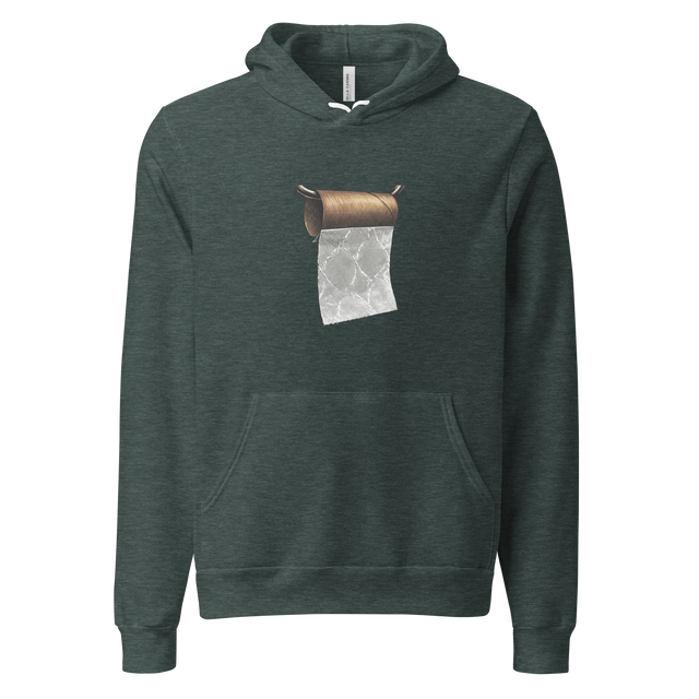 Minimalist line art illustration of a finished toilet paper roll with one sheet left, Unisex Pullover Hoodie.