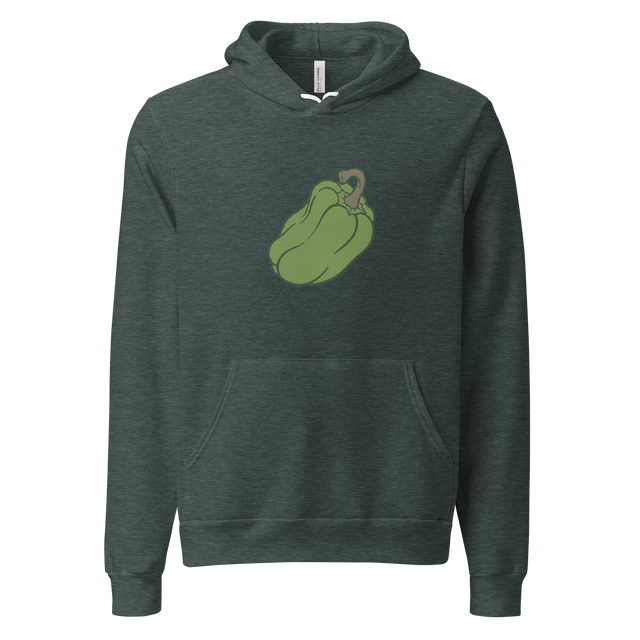 Minimalist line art illustration of a green pepper on a pullover hoodie.