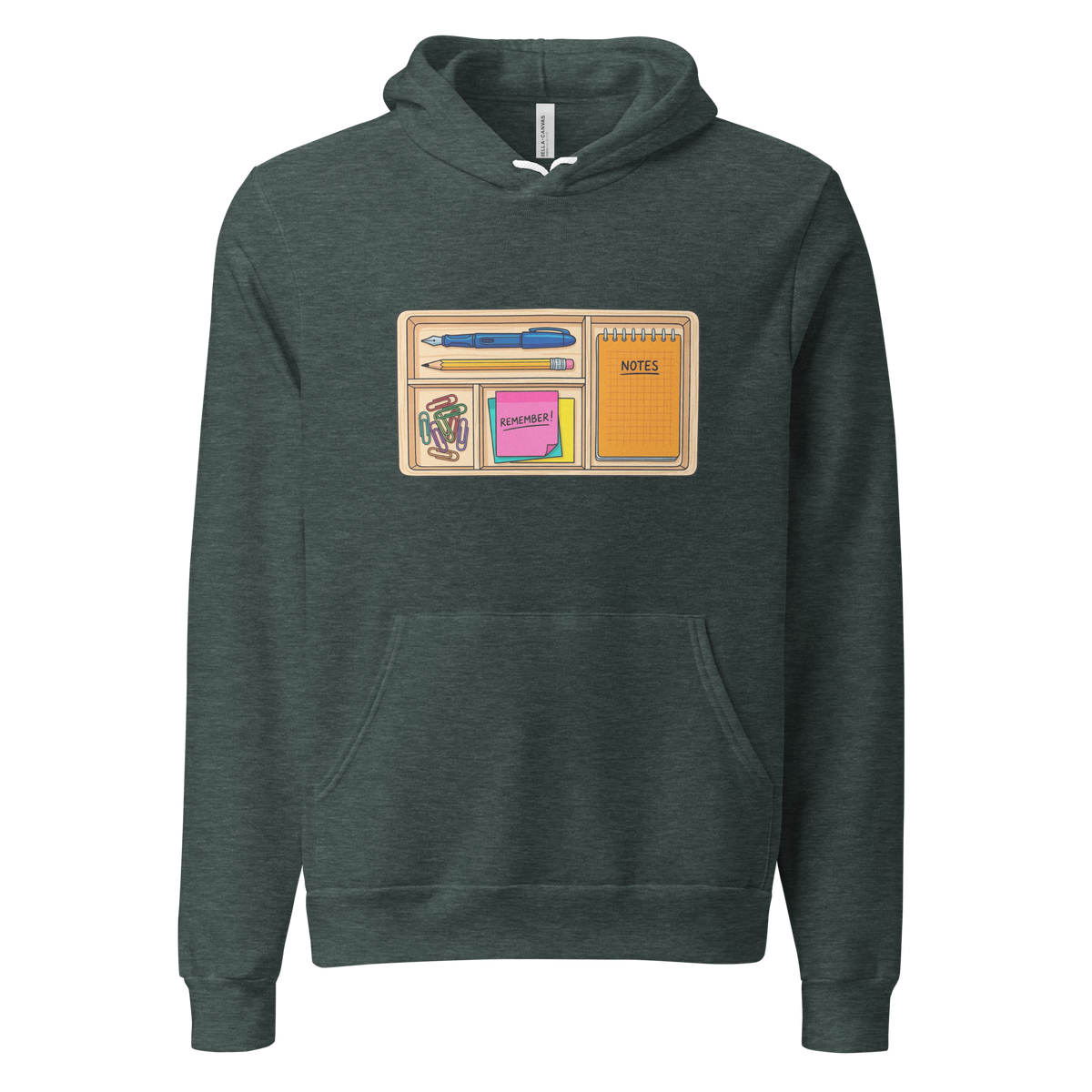 A clean vector graphic of a bento box containing writing supplies and paperclips on a Pullover Hoodie.