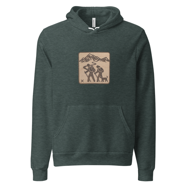 Minimalist line art illustration of two hikers with backpacks and their dog trekking through a mountain range on a Pullover Hoodie.