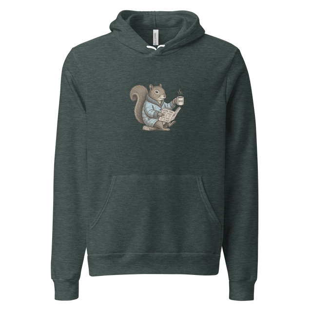 Line art illustration of a squirrel in a puffy robe holding coffee and a newspaper on a Pullover Hoodie.
